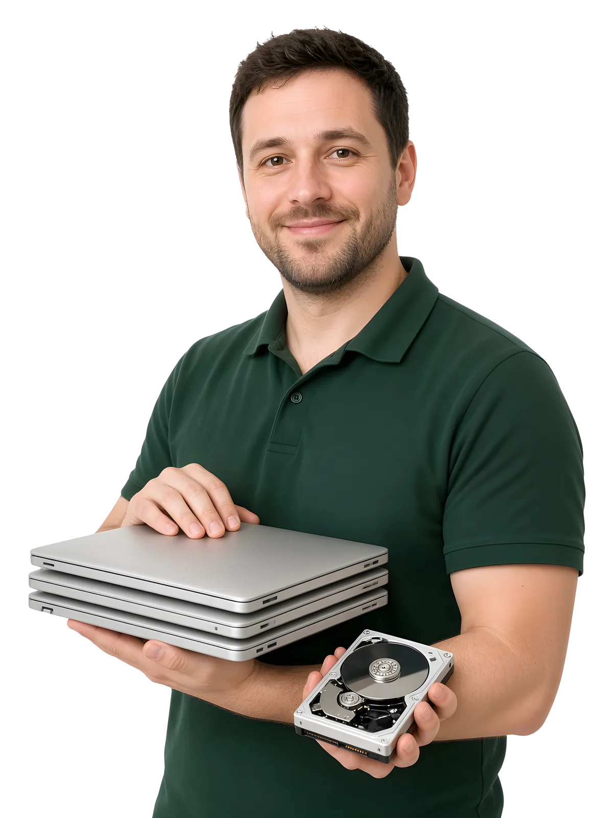 It’s Green technician holding laptops and a hard drive