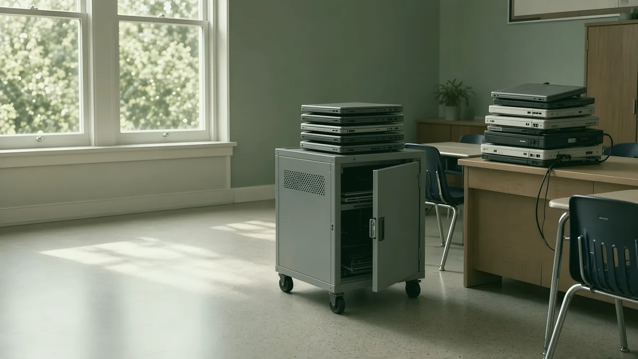 School classroom with a laptop trolley ready for collection