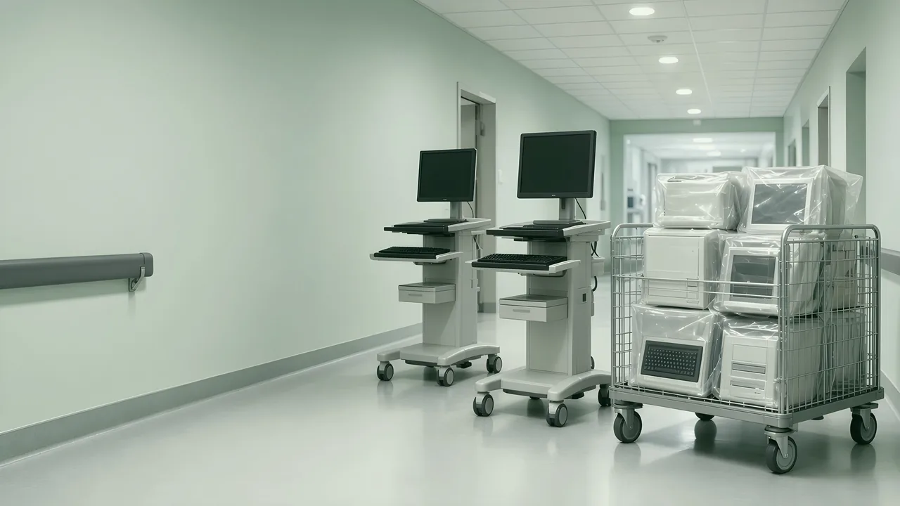 Hospital corridor with workstations on wheels