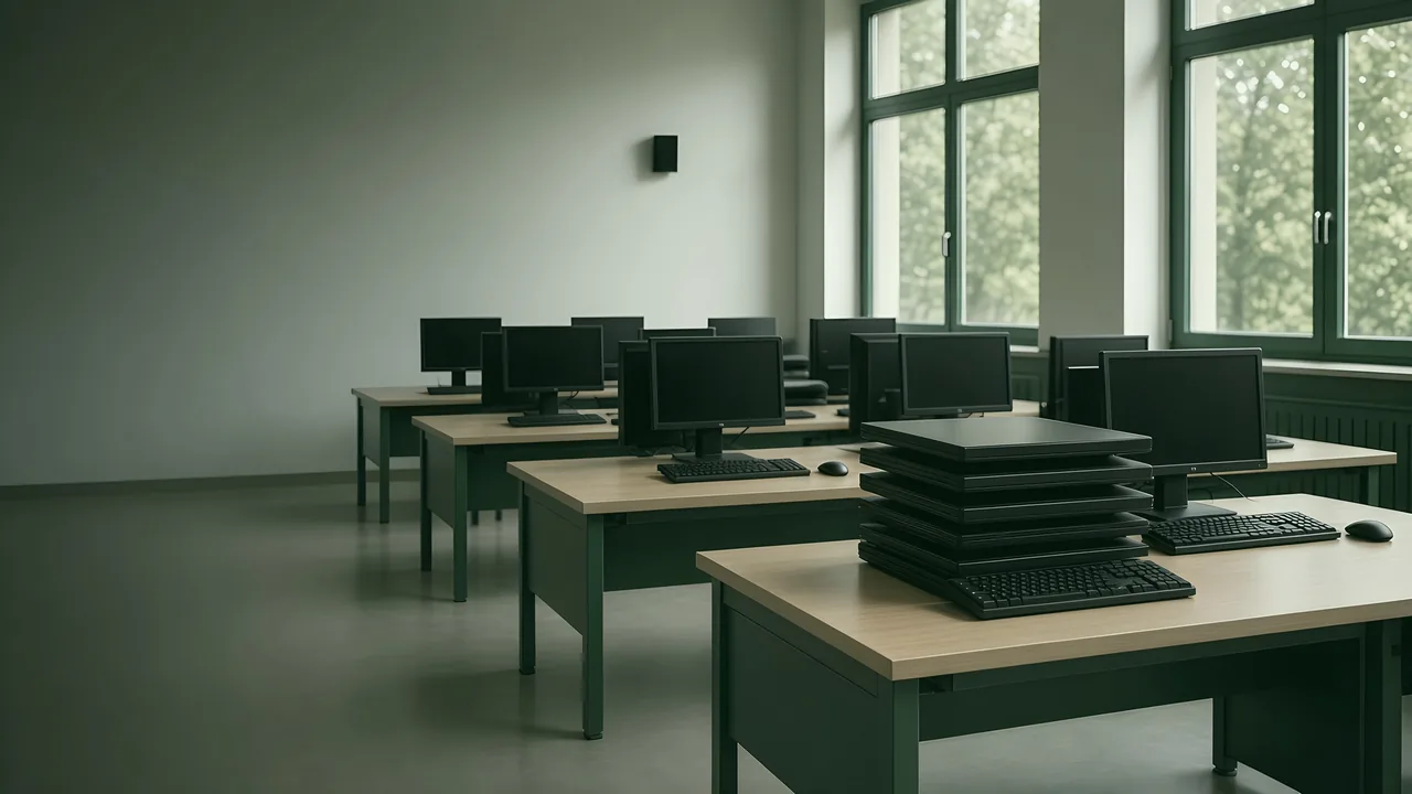 University computer room with stacked retired desktops