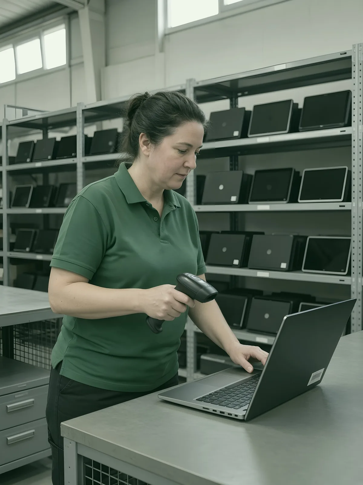 Technician scanning a laptop’s asset label at a workbench