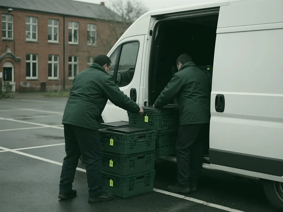 Two It’s Green staff loading sealed crates of laptops into a van outside a school