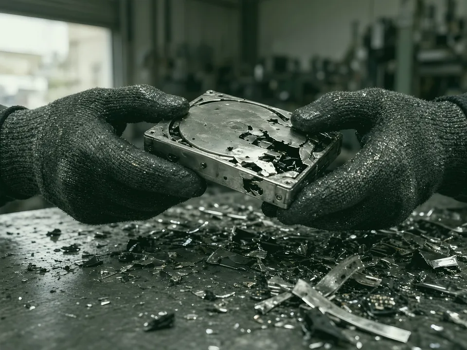 Gloved hands holding a destroyed hard drive above shredded drive fragments
