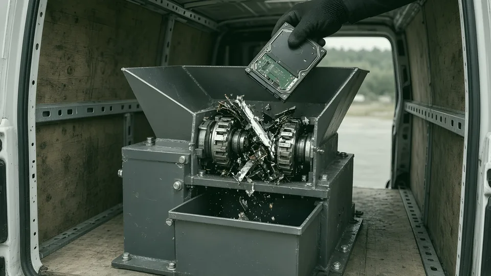 Gloved hand feeding a hard drive into a shredder in the back of a van